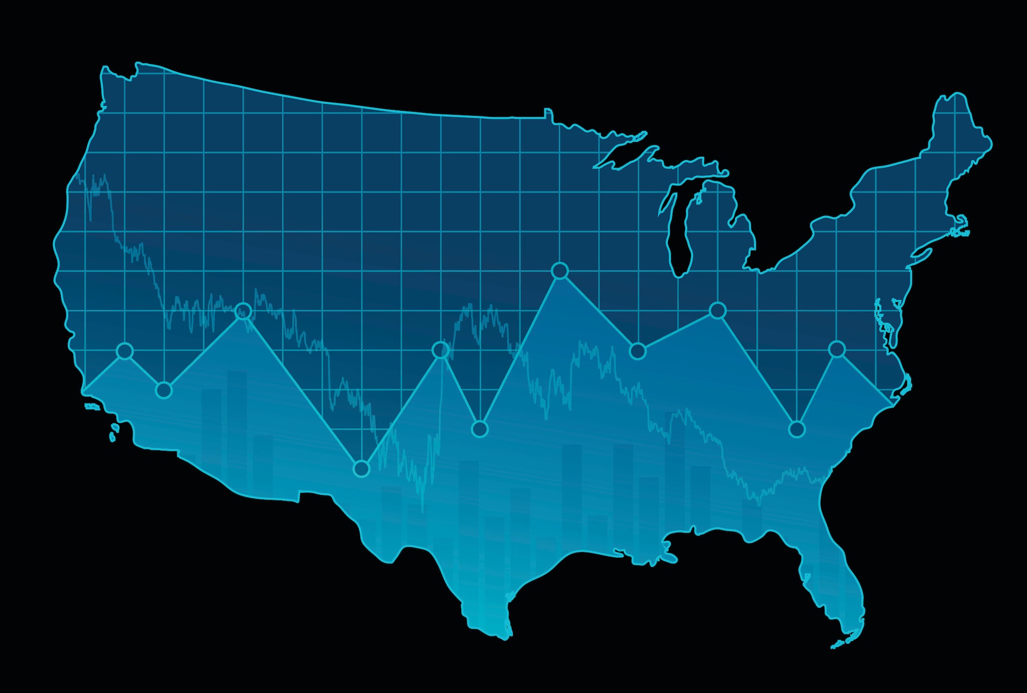 US Graphic Map Map of US with overlay data chart