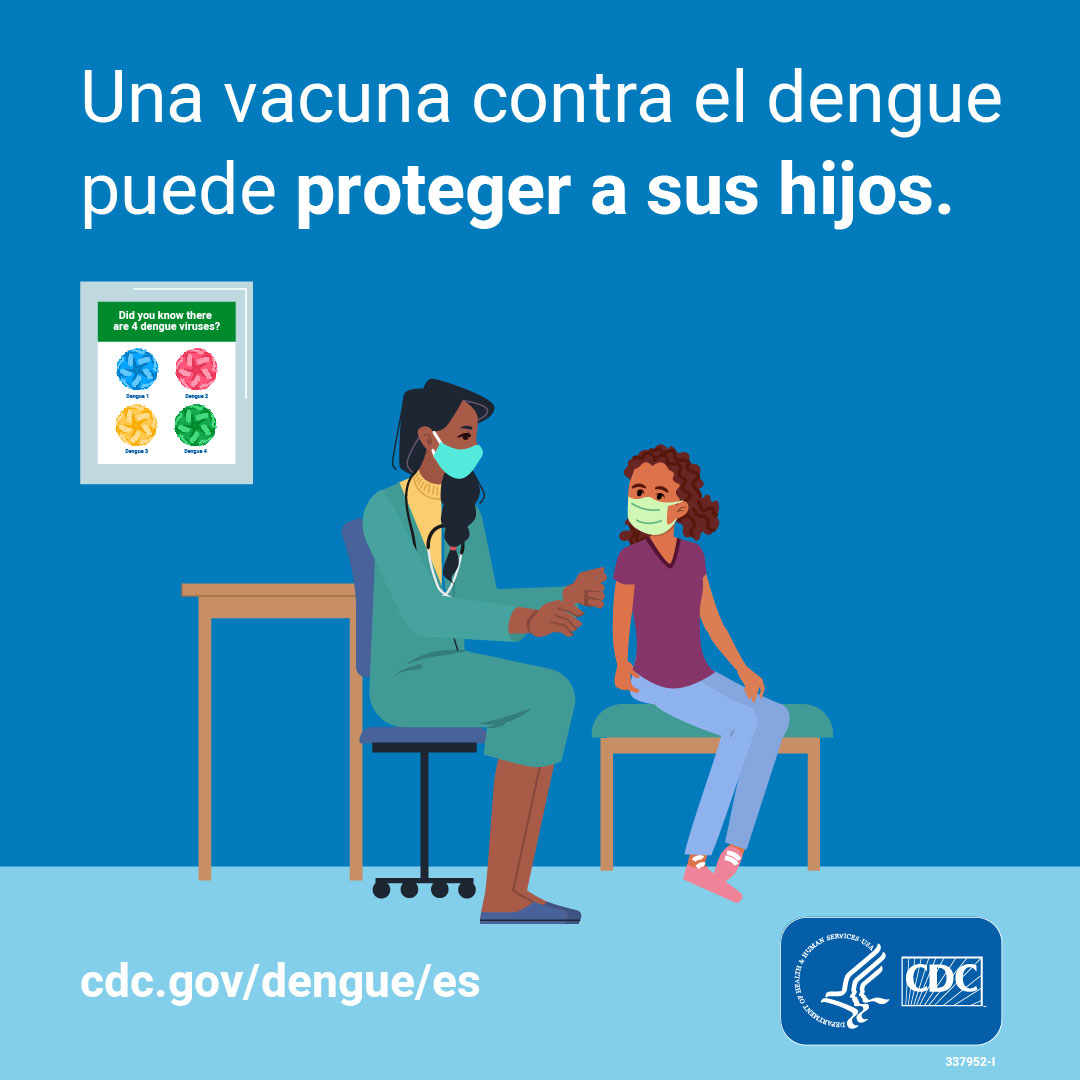 Una proveedora de salud le pone una curita en el brazo de una niña, con texto en la imagen “Una vacuna contra el dengue puede proteger a sus hijos”