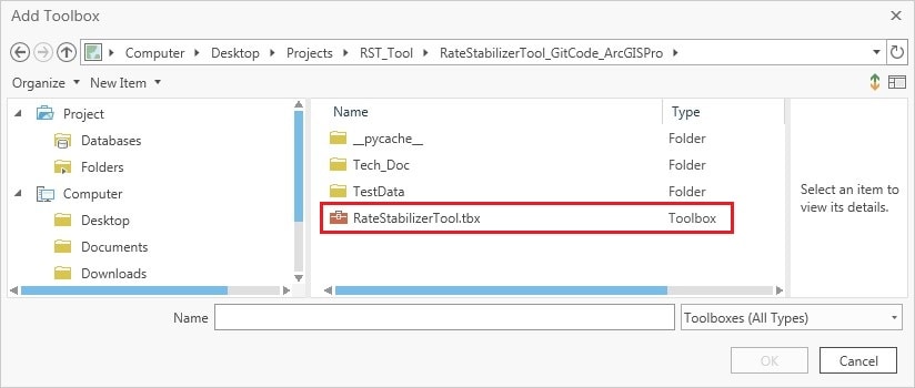 ArcGISPro_4 The RateStabilizertool.tbx open to show the files it contains.