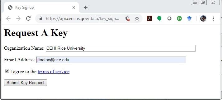 api1 The Request a Key window where you enter your organization name and email address.