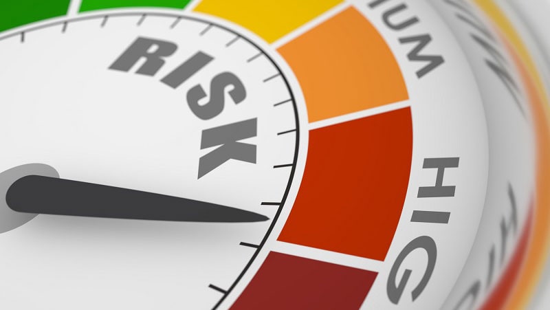 Measuring device concept Gauge showing low, medium and high risk as green, yellow and red