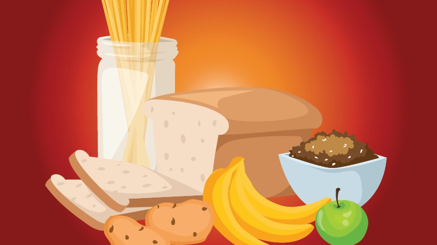 picture of pasta bread potatoes and bananas