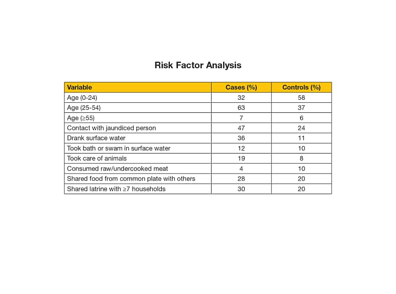A table comparing risk factors for cases and controls. The results show that adults between 25-54 years old were more likely to get sick. Other interesting results include cases were more likely to have contact with other sick people, take care of animals, or share latrines. Age (0-24), 32 percent of cases, 58 percent of controls. Age (25-54), 63 percent of cases, 37 percent of controls. Age (over 55), 7 percent of cases, 6 percent of controls. Contact with a jaundiced person, 47 percent of cases, 24 percent of controls. Drank surface water, 36 percent of cases, 11 percent of controls. Took a bath or swam in surface water, 12 percent of cases, 10 percent of controls. Took care of animals, 19 percent of cases, 8 percent of controls. Consumed raw/undercooked meat, 4 percent of cases, 10 percent of controls. Shared food from a common plate with others, 28 percent of cases, 20 percent of controls. Shared latrine with more than 7 households, 30 percent of cases, 20 percent of controls.