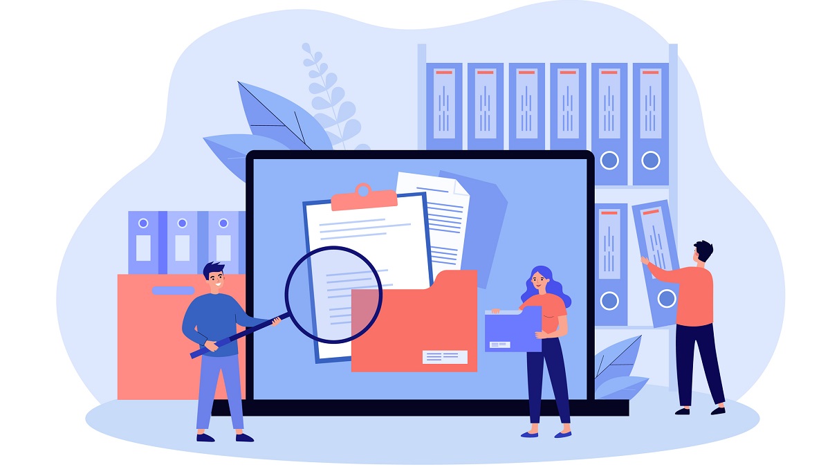 Concept illustration of people getting resources from a computer