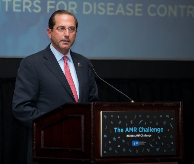 U.S. Secretary of Health and Human Services Alex Azar speaking at the 2018 AMR Challenge. U.S. Secretary of Health and Human Services Alex Azar speaking at the 2018 AMR Challenge.