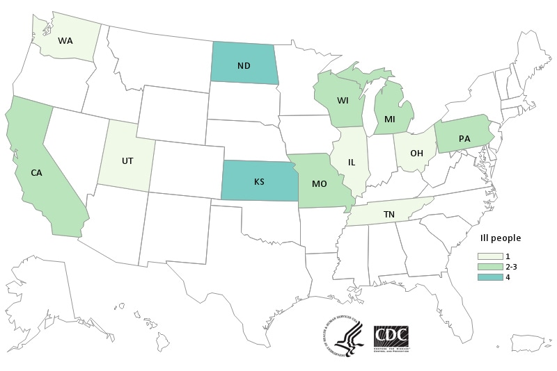 Map of United States - People infected with the outbreak strain of E. coli, by state of residence, as of October 28, 2020