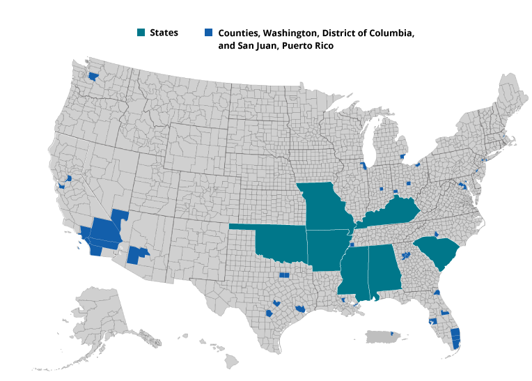 Map of EHE funding in 48 counties; Washington, D.C.; and San Juan, Puerto Rico, and seven states.