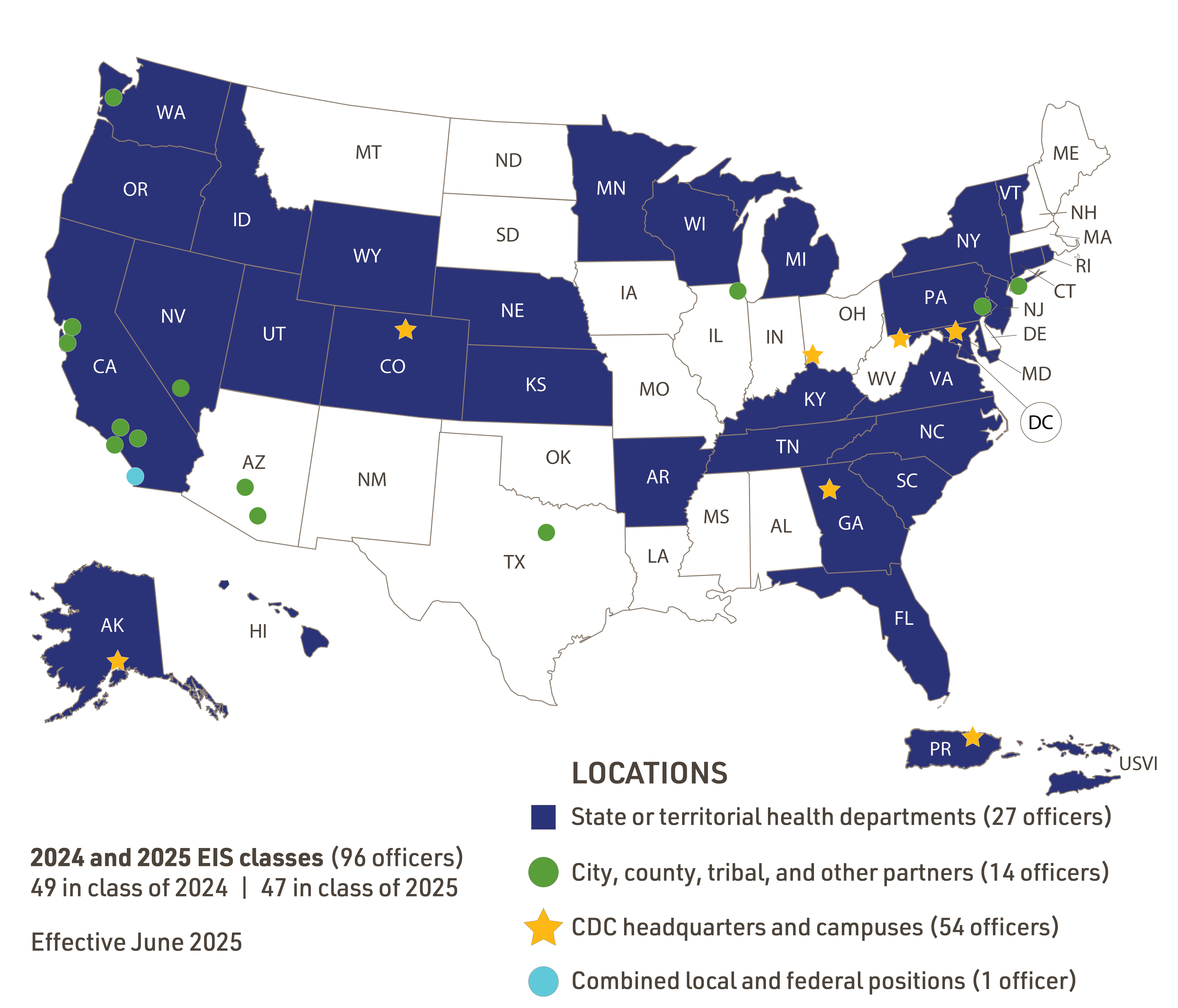 US map of EIS Officers Across the country by state.