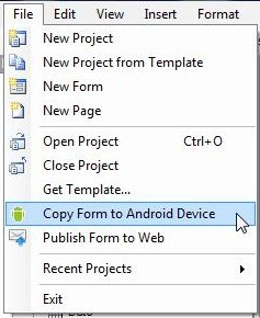 F603CopyFormToAndroidDevice Screen shot illustrating file drop-down menu where user can select copy form to Android device.