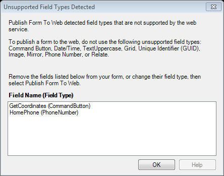 F606UnsupportedFieldTypesErrorMessage Screen shot of unsupported field types error message.