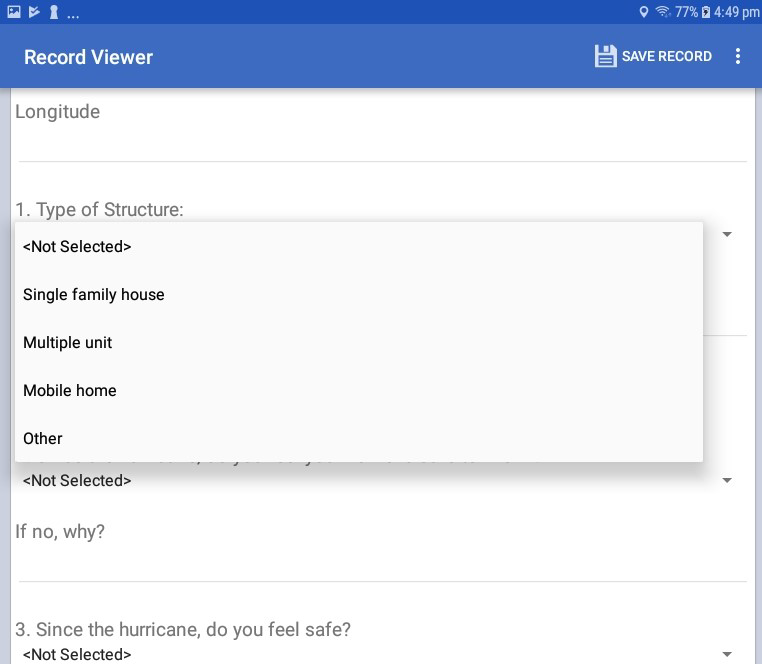 F621DropDownList Screen shot of a Legal Value field being displayed on a form for data collection on a mobile device.