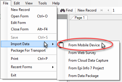 F632ImportDataMobile Screen shot of menu option for Importing Data from Mobile Device available in the Form Designer module.