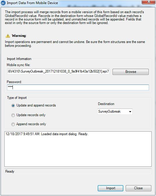 F635TypeImportOptions Screen shot of the Import Data from Mobile Device dialog box. A password parameter is required for importing the data.