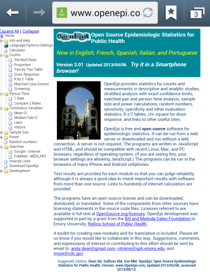 F653OpenEpiCom Screen shot of the OpenEpi website with open source Epi Stats.