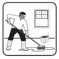 Hombre vestido con botas, gafas protectoras, y guantes limpiando el piso