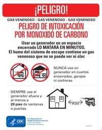 Volante con pictogramas: “Peligro de monóxido de carbono: Uso apropiado de generadores en el hogar”