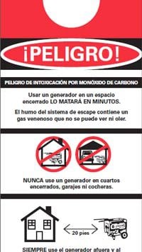 Letrero para puerta impreso en un solo lado: “Usar un generador adentro LO MATARÁ EN MINUTOS”