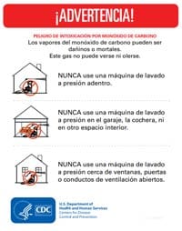 Volante con pictogramas: “Peligro de monóxido de carbono: Uso apropiado de máquinas de lavar a presión”