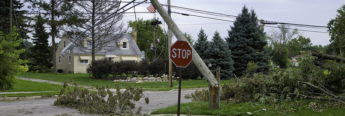 Una calle de barrio con cables eléctricos caídos y árboles caídos Una calle de barrio con cables eléctricos caídos y árboles caídos