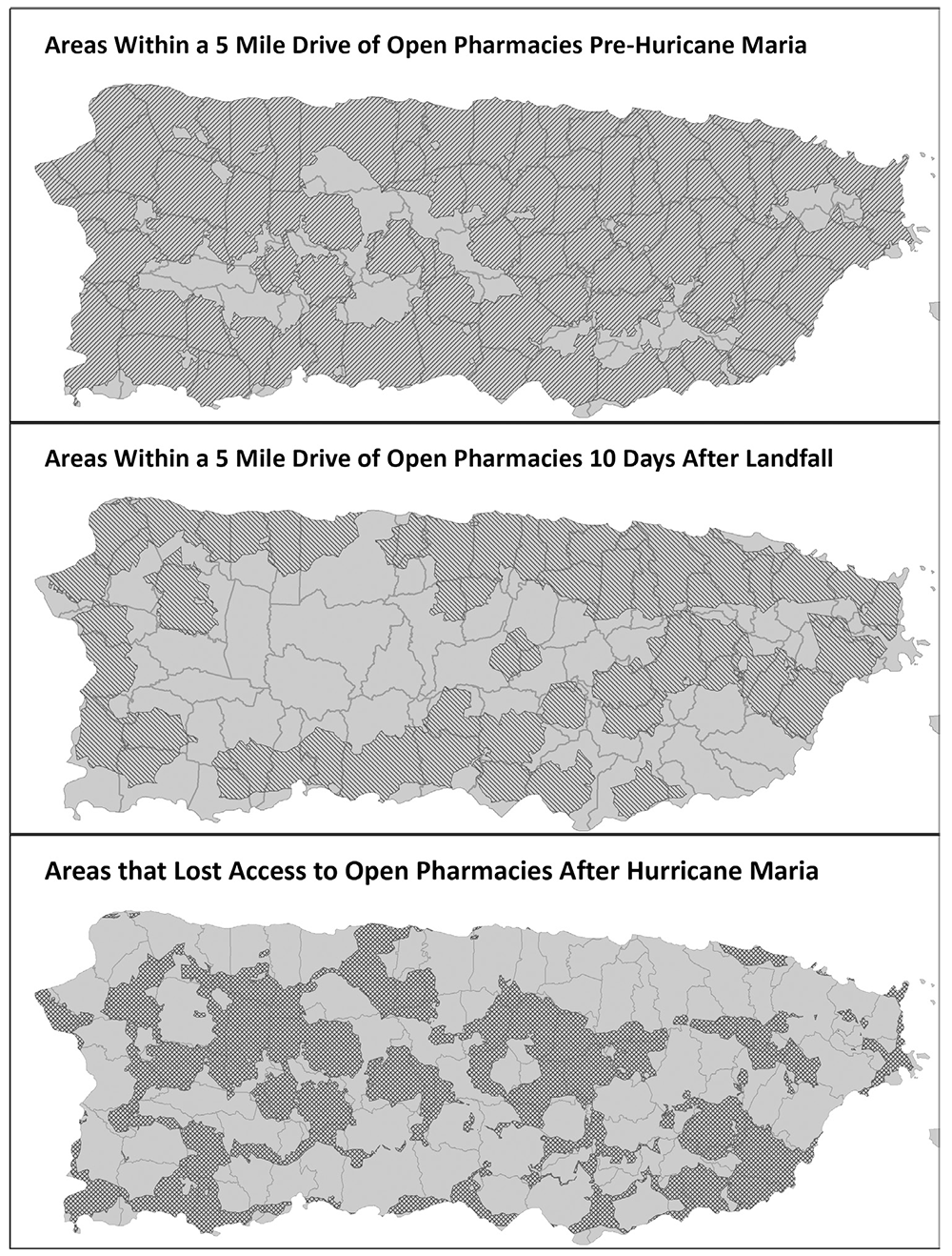 fig-17-3 Map images of pharmacies open within 5 mile radius before and after hurrican made landfall