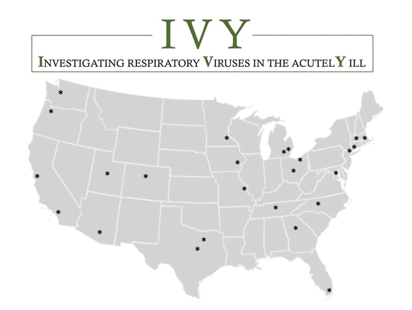 Investigating Respiratory Viruses in the Acutely Ill (IVY) Network U.S. map showing the 20 participating sites of the IVY Network.