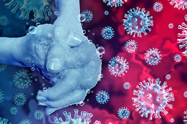 Bird Flu in People Hand being washed with a background of virus images