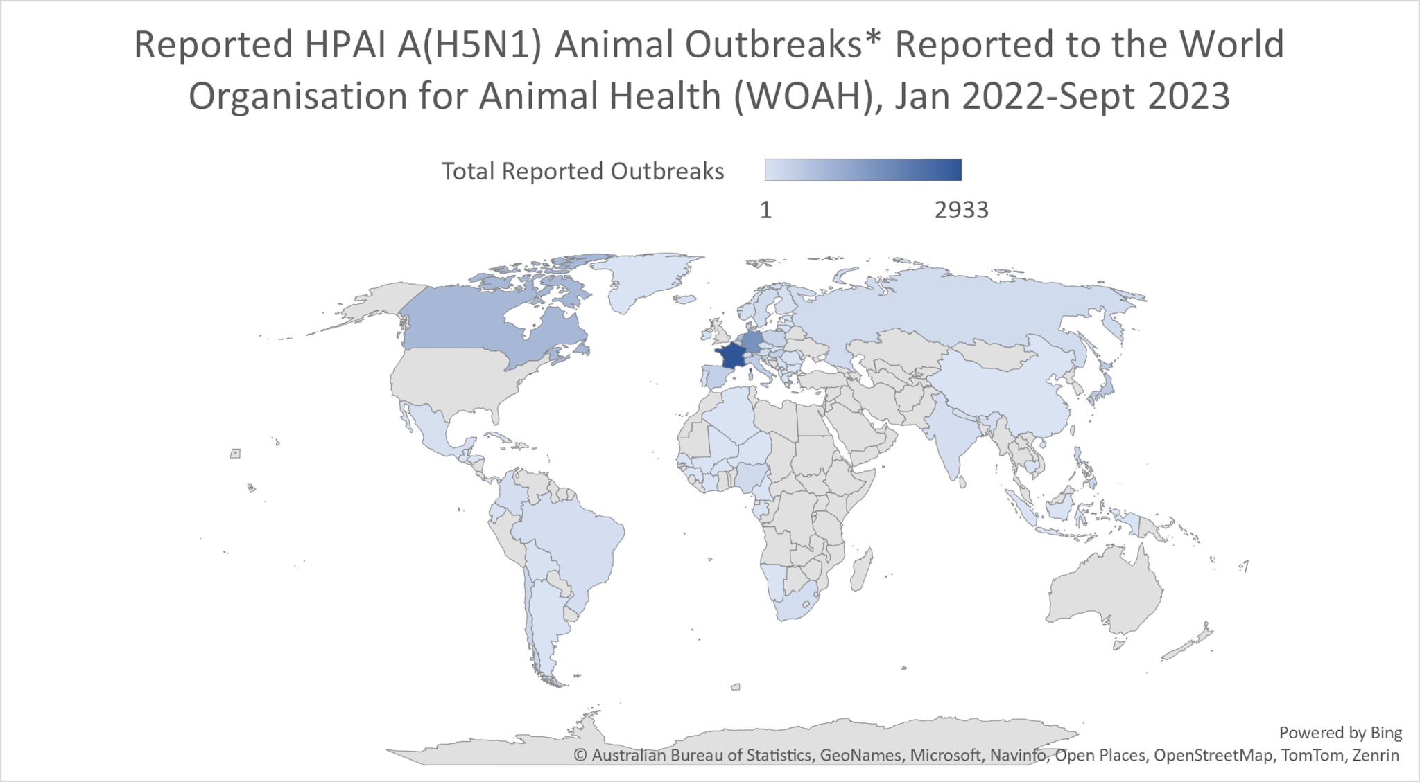 Reported HPAI A(H5N1) Animal Outbreaks to the World Organization for Animal Health (WHOAH), Jan 2022-Sept 2023 Reported HPAI A(H5N1) Animal Outbreaks to the World Organization for Animal Health (WHOAH), Jan 2022-Sept 2023