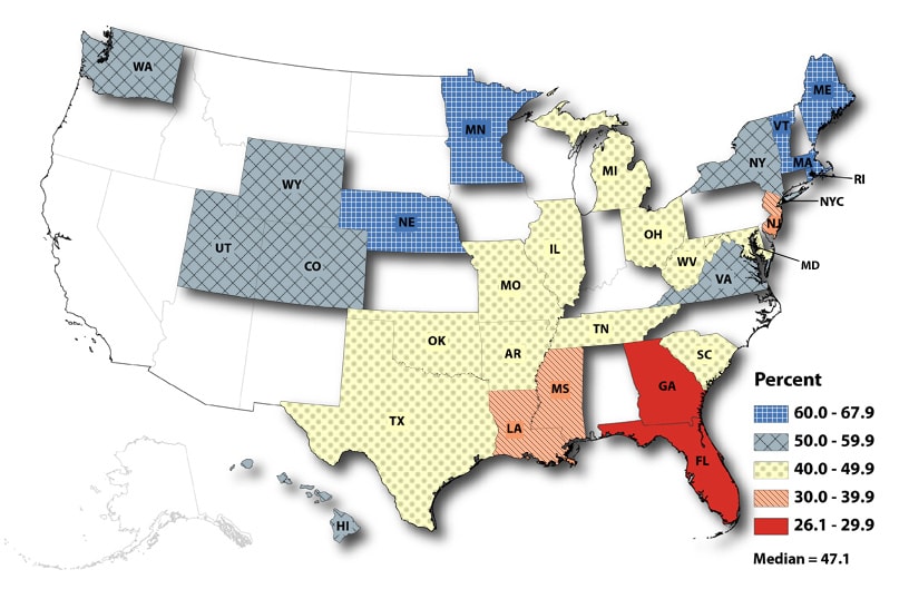 prams-figure1.jpg Figure 1. Prevalence of seasonal influenza vaccination coverage among women with a recent live birth: PRAMS states and New York City, 2009-10 influenza season