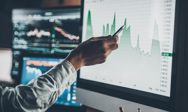 past-reports with pen in hand pointing at computer screen with chart