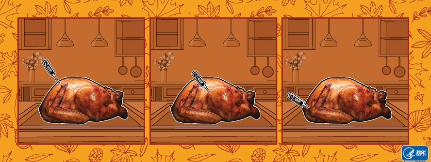 Three side-by-side images of a whole turkey with the food thermometer in the thickest part of the breast; where body and thigh join, aiming toward thigh; and where body and wing join, aiming toward wing.