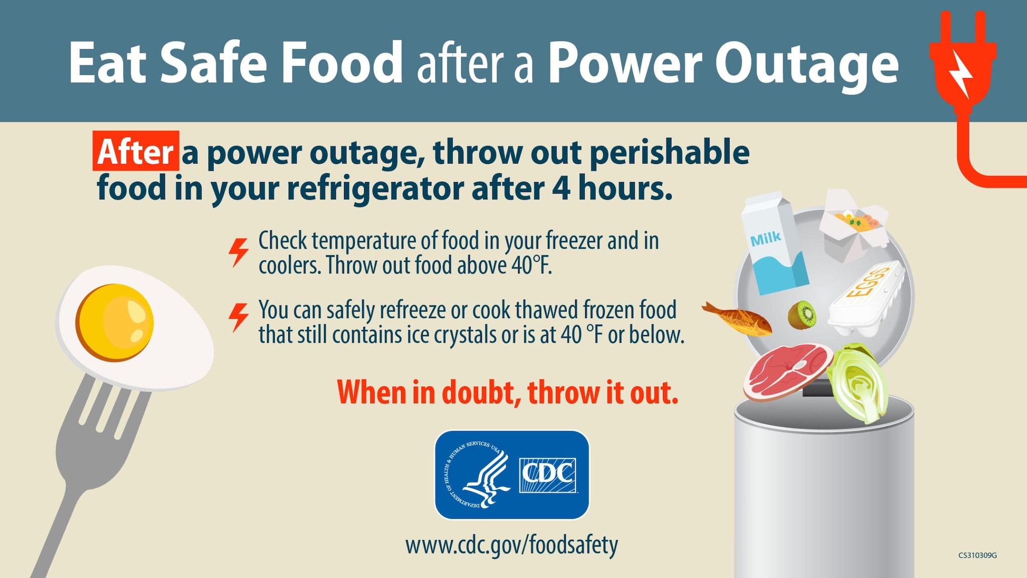Eat Safe Food After a Power Outage - Facebook Eat safe food after a power outage: throw out perishable food in your refrigerator after 4 hours. Check temperature of food in your freezer and in coolers. Throw out food above 40F. You can safely refreeze or cook thawed frozen food that still contains ice crystals or is at 40F or below. When in doubt, throw it out.