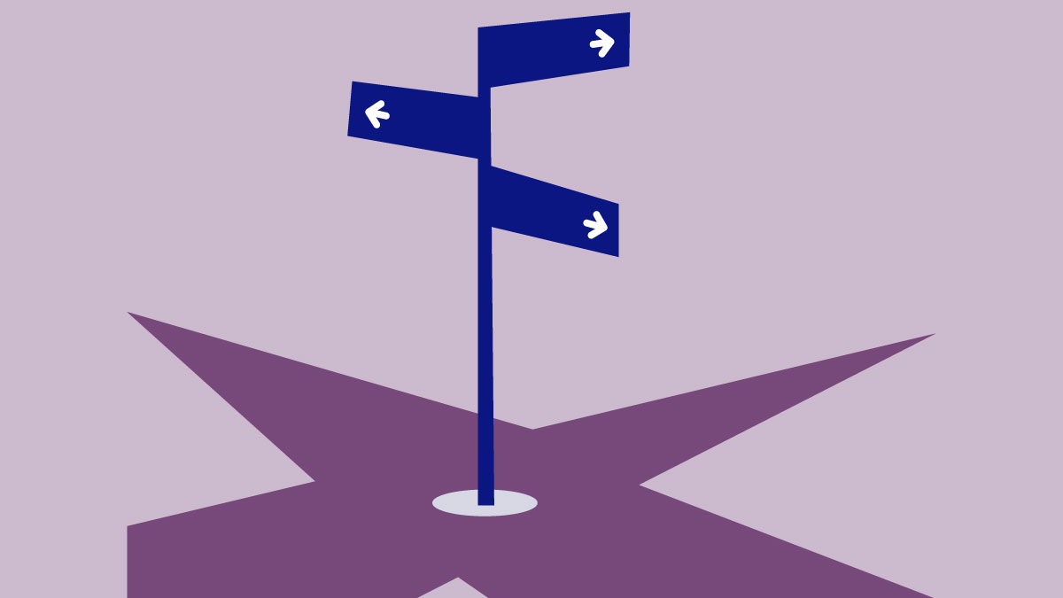 Icon of street sign pointing in three directions on purple background.