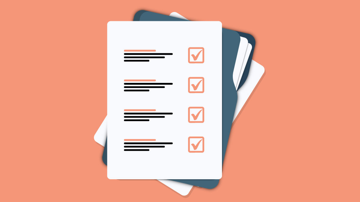 Icon of a checklist and a file of papers against a peach colored background.