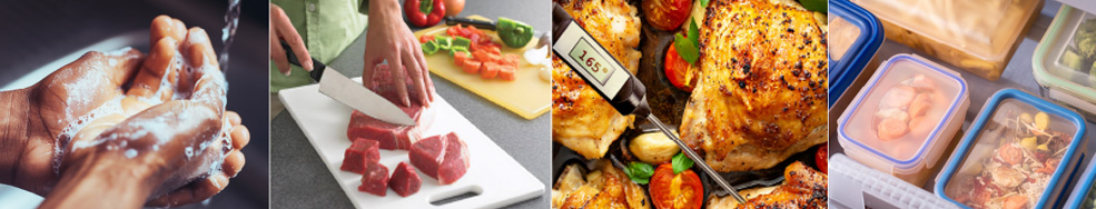 Food safety practices: wash hands, separate raw meat and produce, cook to safe temperature, refrigerate perishables