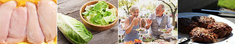 Some foods that can cause food poisoning, including chicken, lettuce, and ground beef