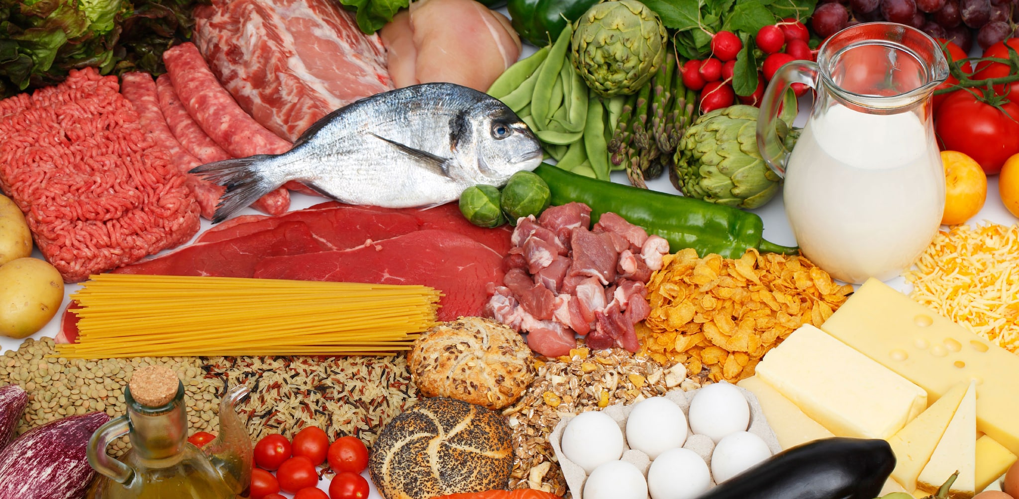 Picture of assorted food groups - meat, veggies