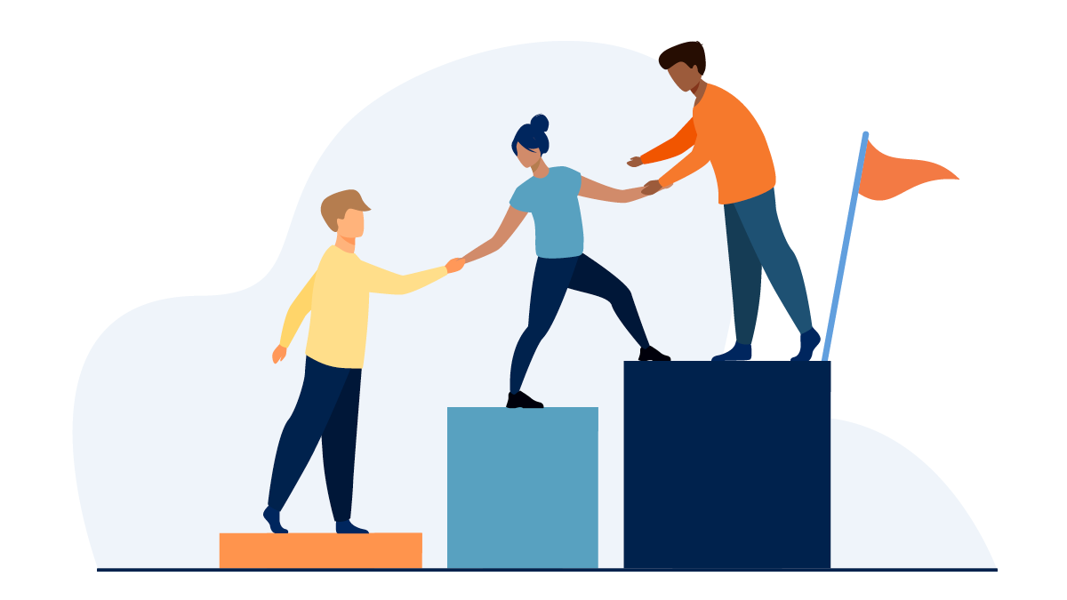 346925-A_CFA-WEB-Graphics_Leadership Illustration of three people standing on blocks varying in height from shortest to tallest and helping each other to ascend to the highest level to reach a flag.