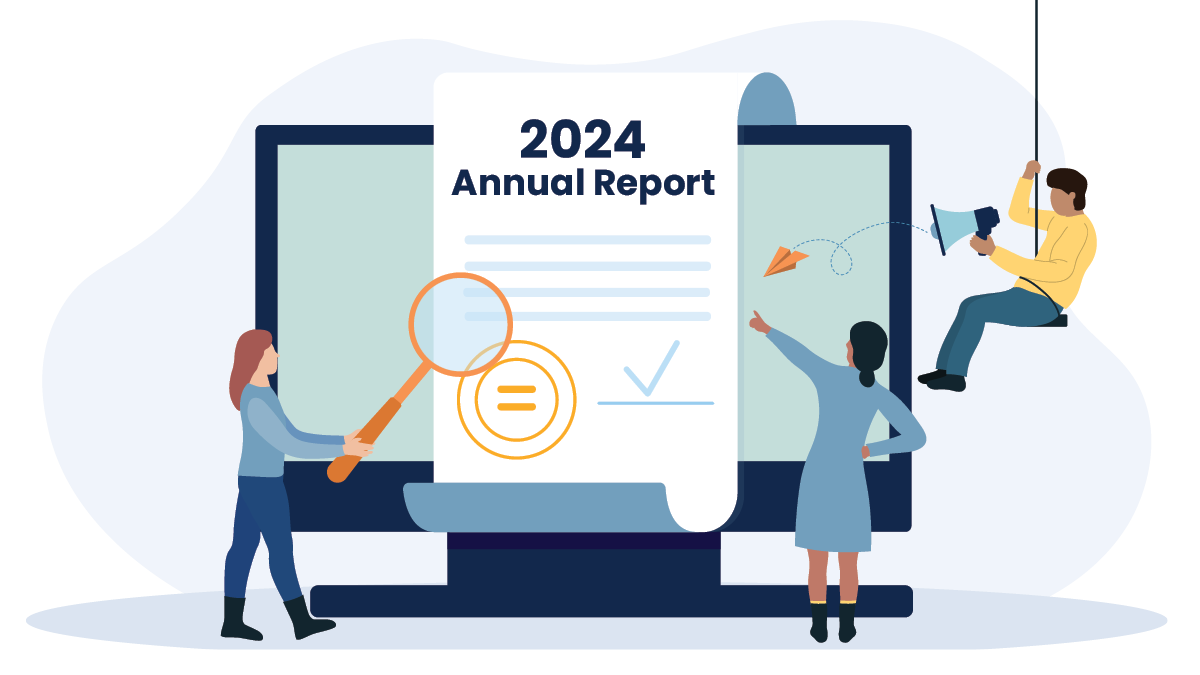 2024 Annual Report Graphic Graphic illustrating a group of people reviewing CFA's 2024 Annual Report