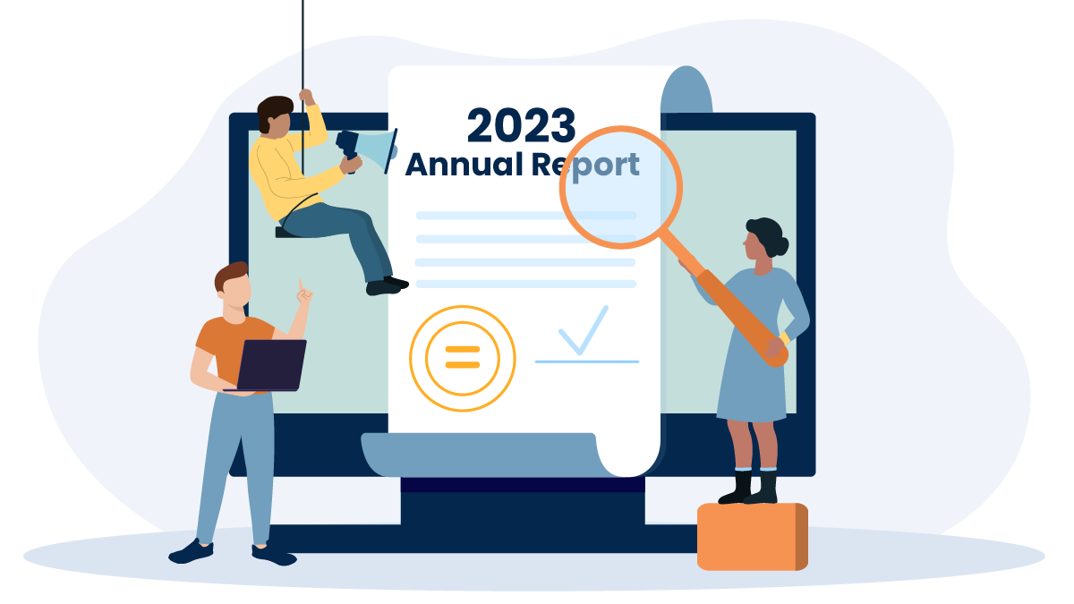 2023 Annual Report A group of people review CFA's 2023 Annual Report.