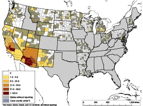 This map shows the average incidence of reported Valley fever per 100,000 people, by county, during 2011–2017.