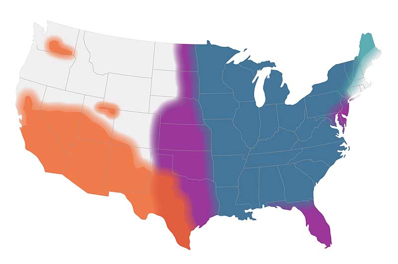 ThreeTogether_20190925 Map of the United States showing CDC’s current estimates of where the fungi that cause blastomycosis, coccidioidomycosis (Valley fever), and histoplasmosis live in the environment