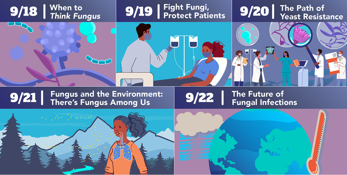 341503-C_FungalDisease_AdobeCampaign_Banner_V5_TOPICS-1250px 9/18: When to Think Fungus; 9/19: Fight Fungi, Protect Patients; 9/20: The Path of Yeast Resistance; 9/21: There's Fungus Among Us; 9/22: The future of Fungal Infections
