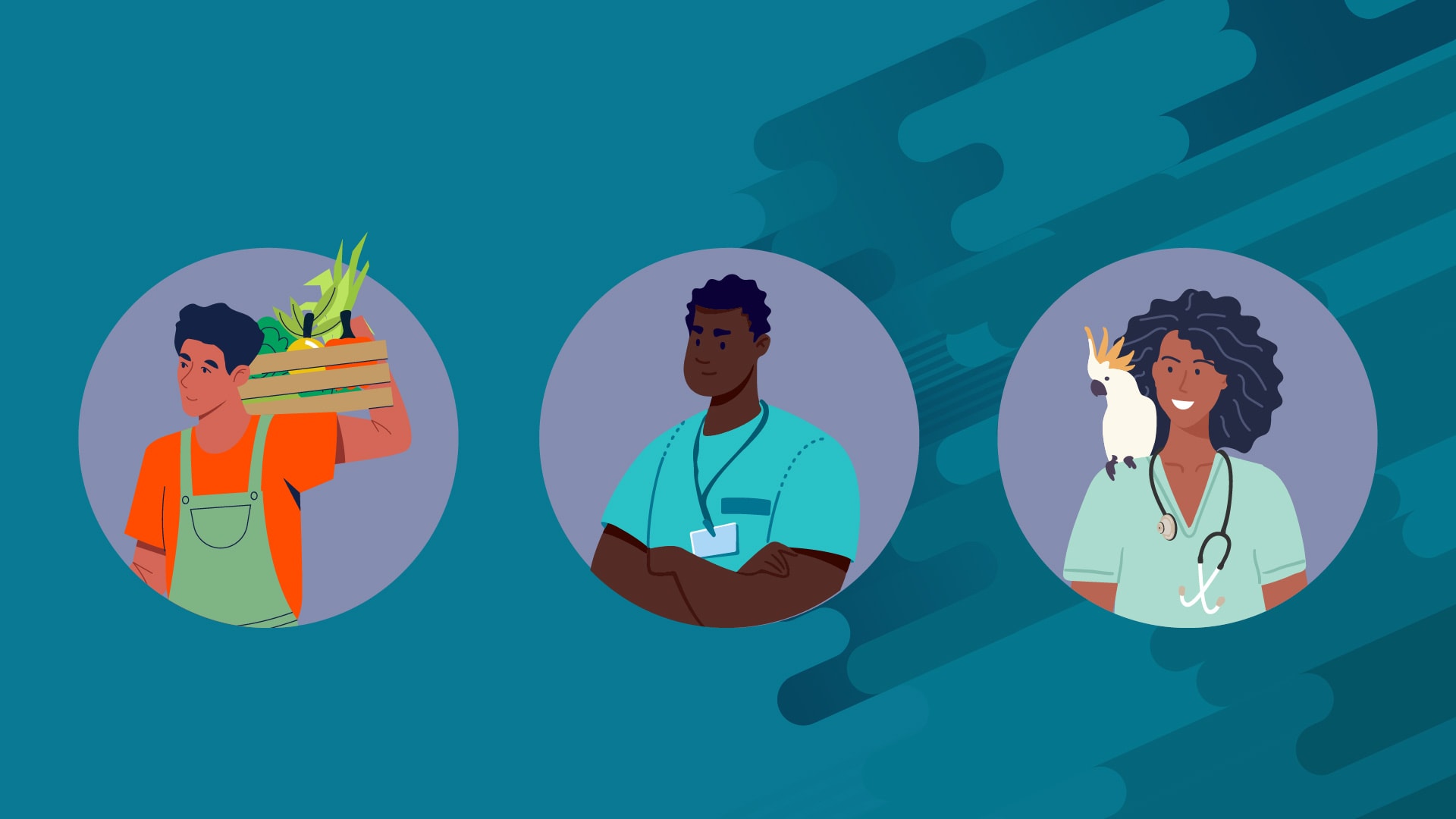 Doctor, vet, and farmer illustration of a farmer, a doctor, and a veterinarian.