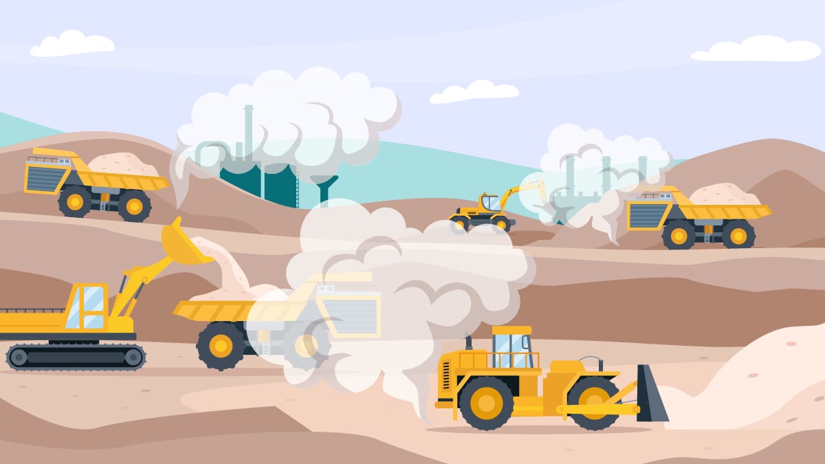Construction Site with Dust graphic Construction site with several trucks with dust and piles of dirt.