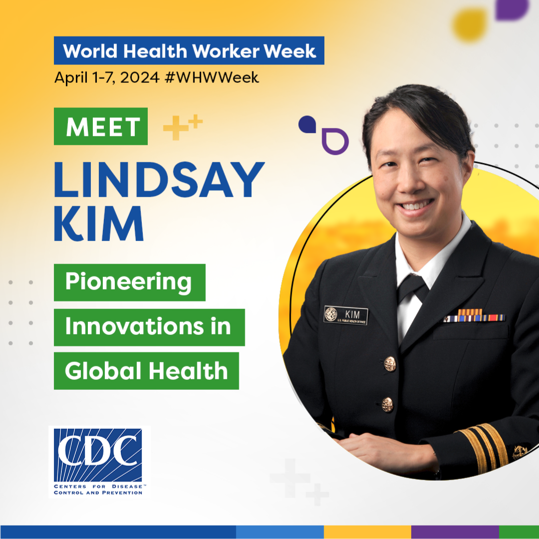 World Health Worker Week - Lindsay Kim, MD, MPH A woman with a black suit surrounded by a colorful graphic. “World Health Worker Week, April 1-7, 2024 #WHWeek, Meet Lindsay Kim, Pioneering Innovations in Global Health.