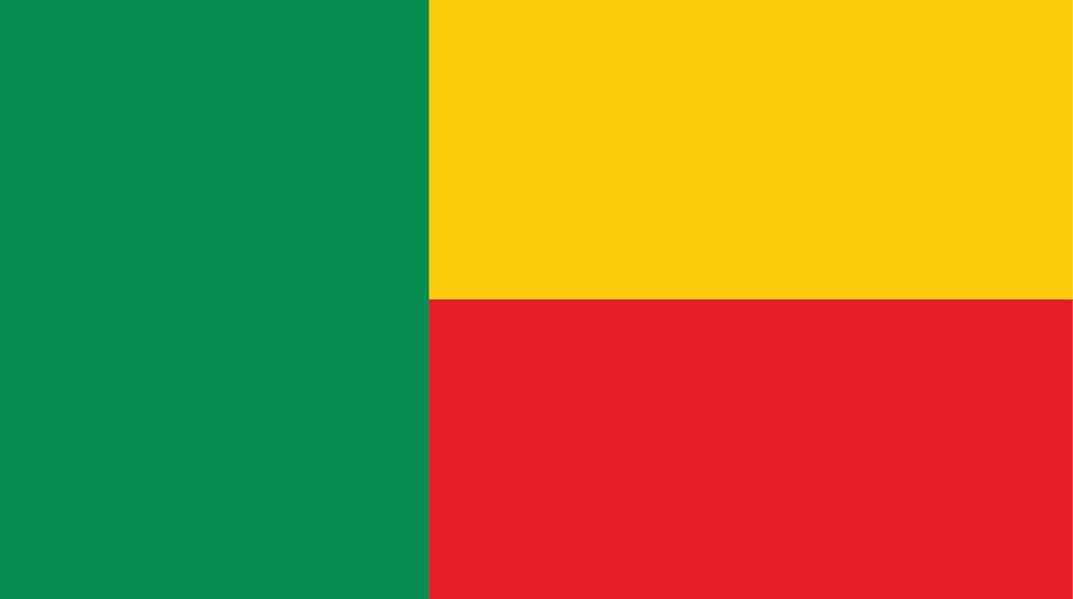 Flag of Benin Flag of Benin with 2 horizontal lines one yellow at the top and a red one below it with a green line on the left handside.