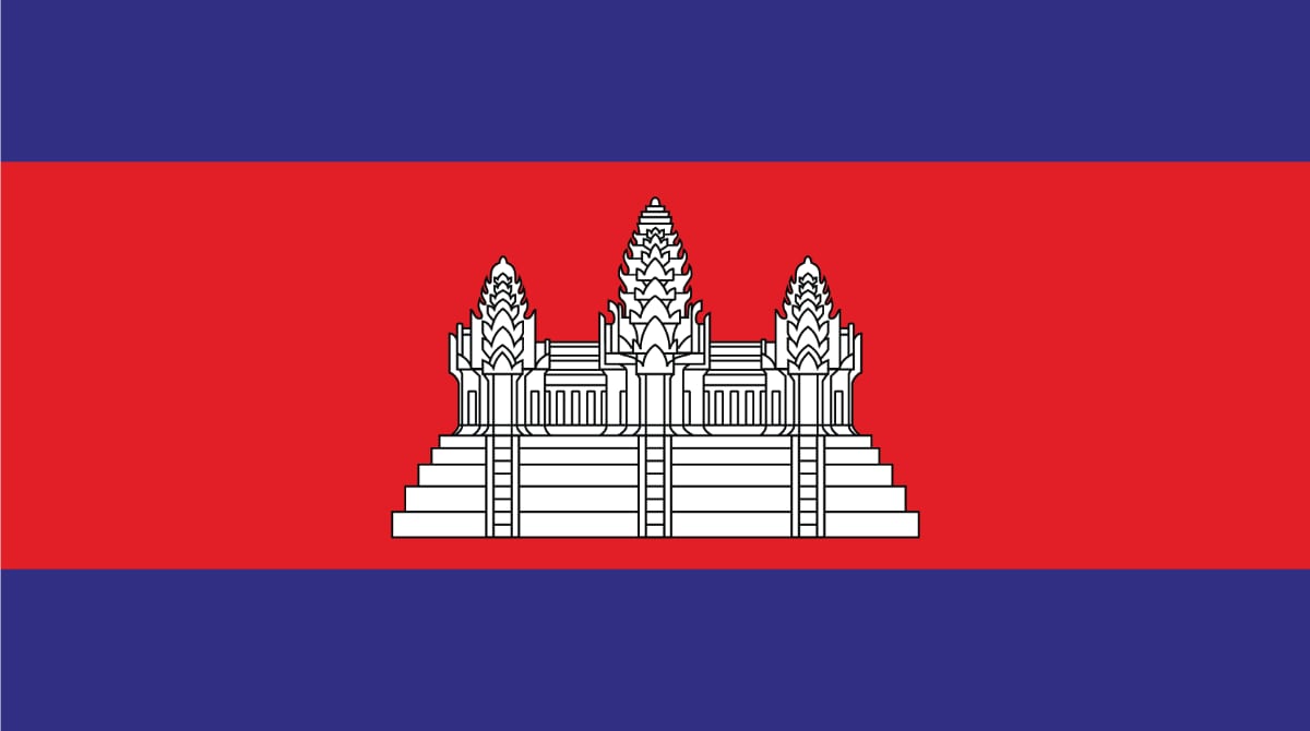 Cambodia Flag The flag of Cambodia consists of three horizontal stripes—blue on the top and bottom and a larger central red stripe. In the center of the red stripe is a white depiction of Angkor Wat temple.
