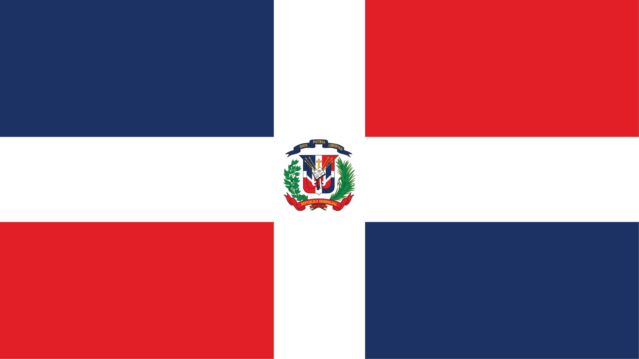 Flag_Dominican Republic Centered white cross that extends to the edges and divides the flag into four rectangles: the top and bottom ones are blue, while the left and right ones are red.