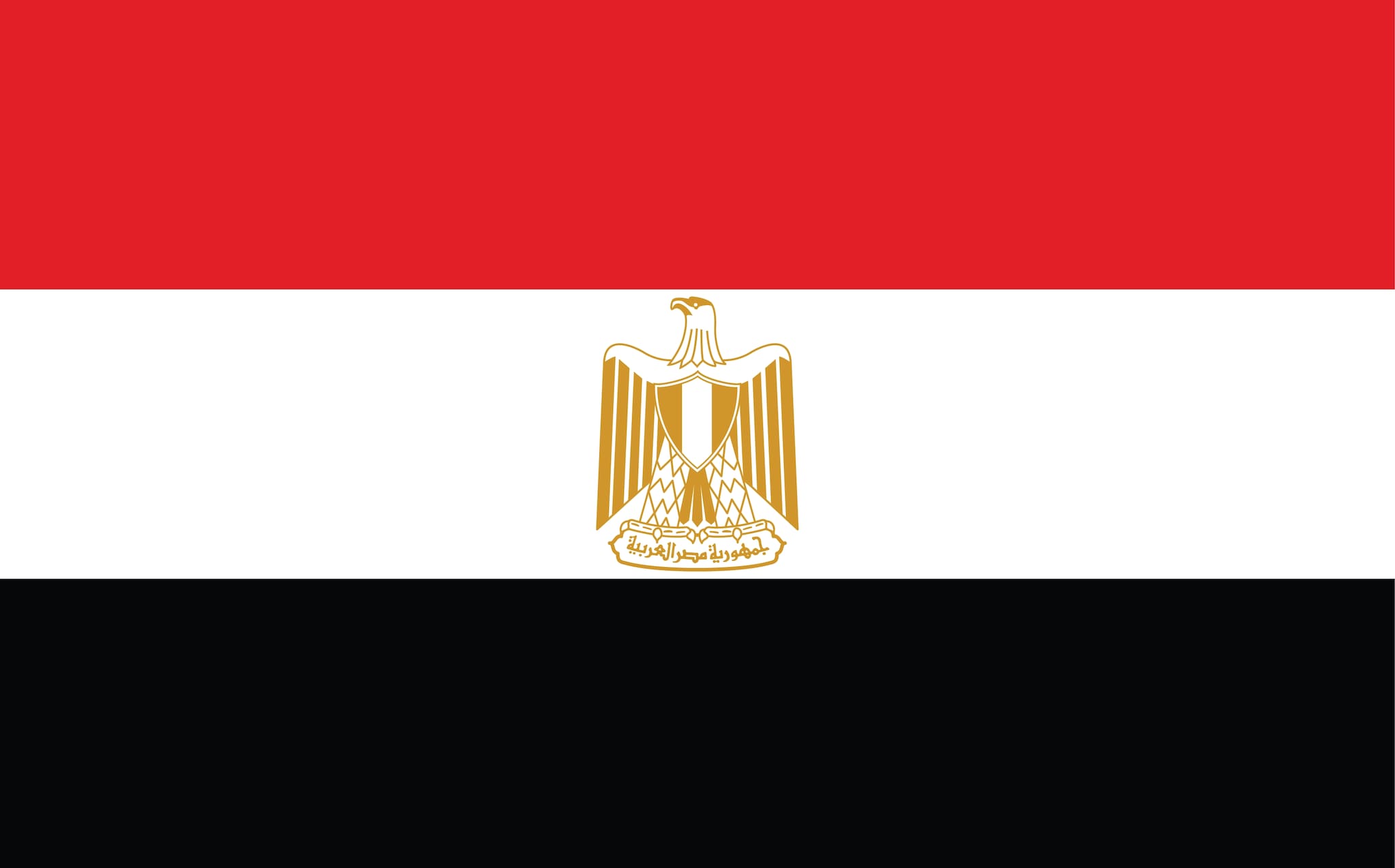 Flag_Egypt Three horizontal stripes in red, white, and black, with a golden eagle centralized in the middle white stripe.