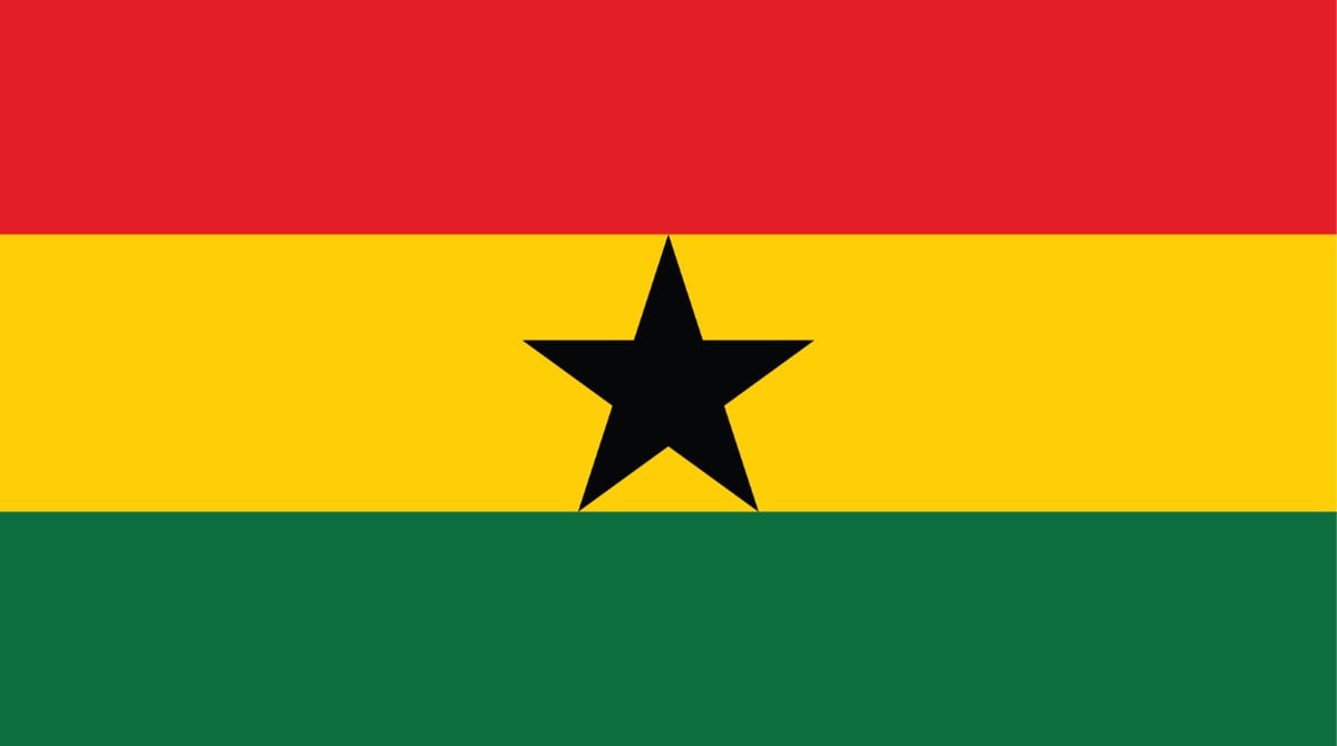 Ghana's country flag represented by 3 horizontal stripes in the colors of red, yellow, and green stripes. A single black star sits in the middle of the yellow stripe.